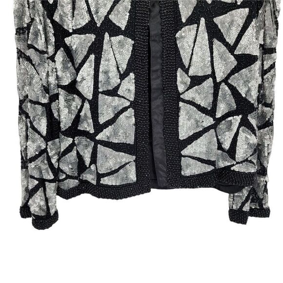 Vtg 80's Sweelo Silk Geometric Black Silver Metallic Sequin Beaded Blazer Sz M - Picture 9 of 12